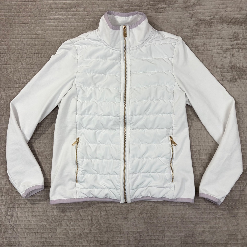 Lauren Ralph Lauren White Quilted Front Zip Jacket Lavender Trim Small